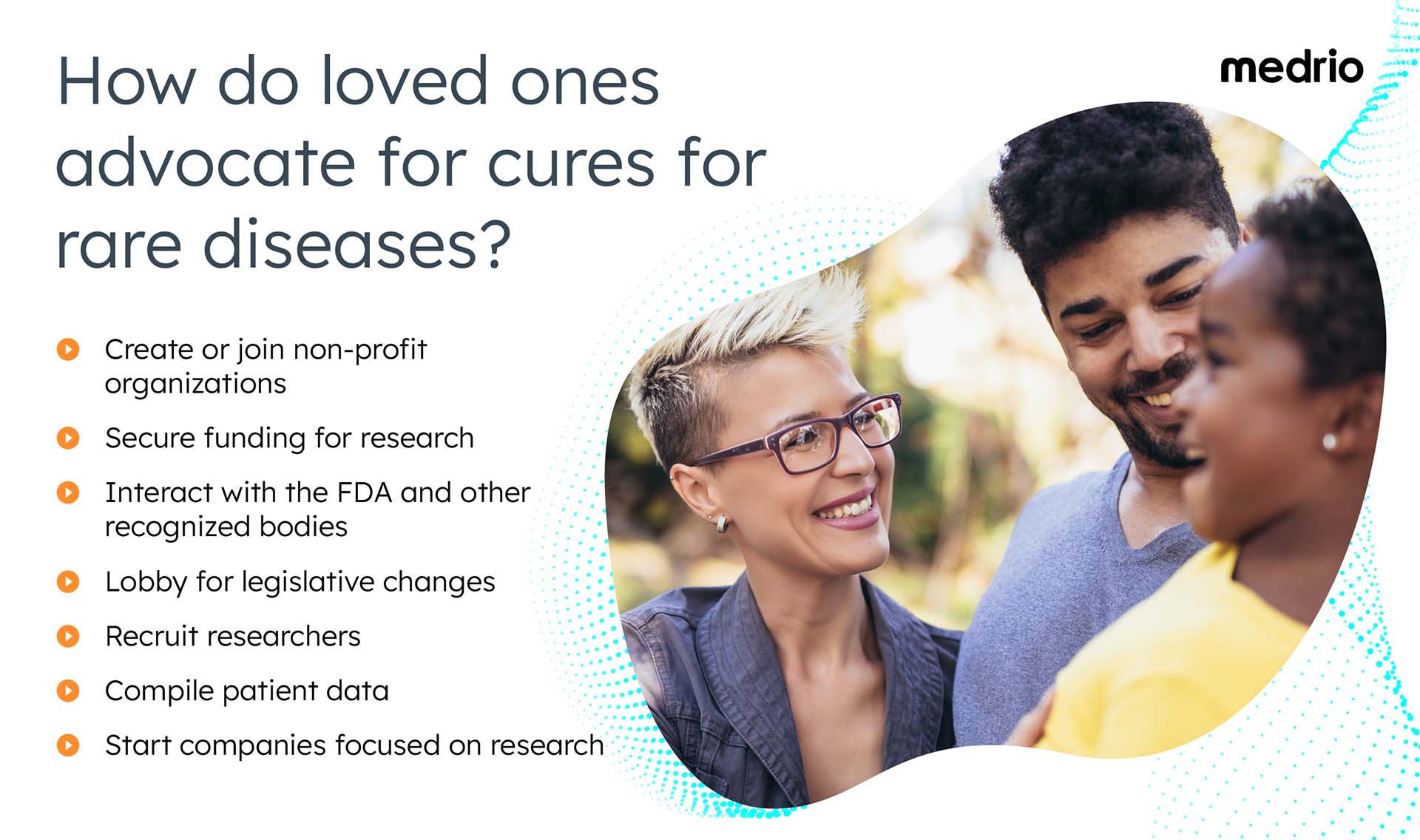 Image of bulleted list depicting how loves ones advocate for rare disease cures