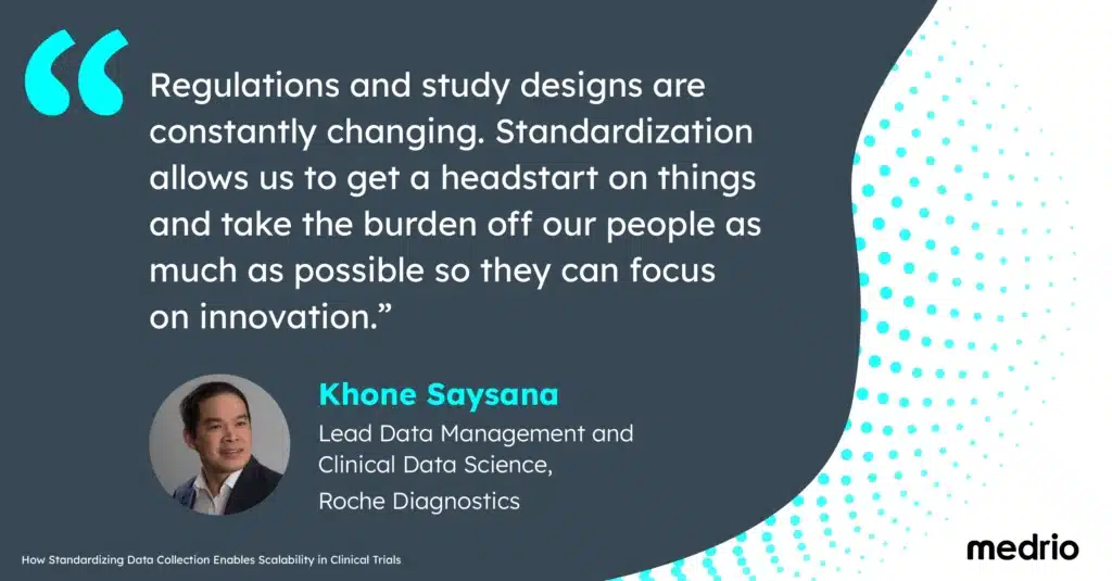 Medrio Graphic Quote about Clinical Data Standardization from Khone Saysana, Lead Data Management and Clinical Data Science, Roche Diagnostics
