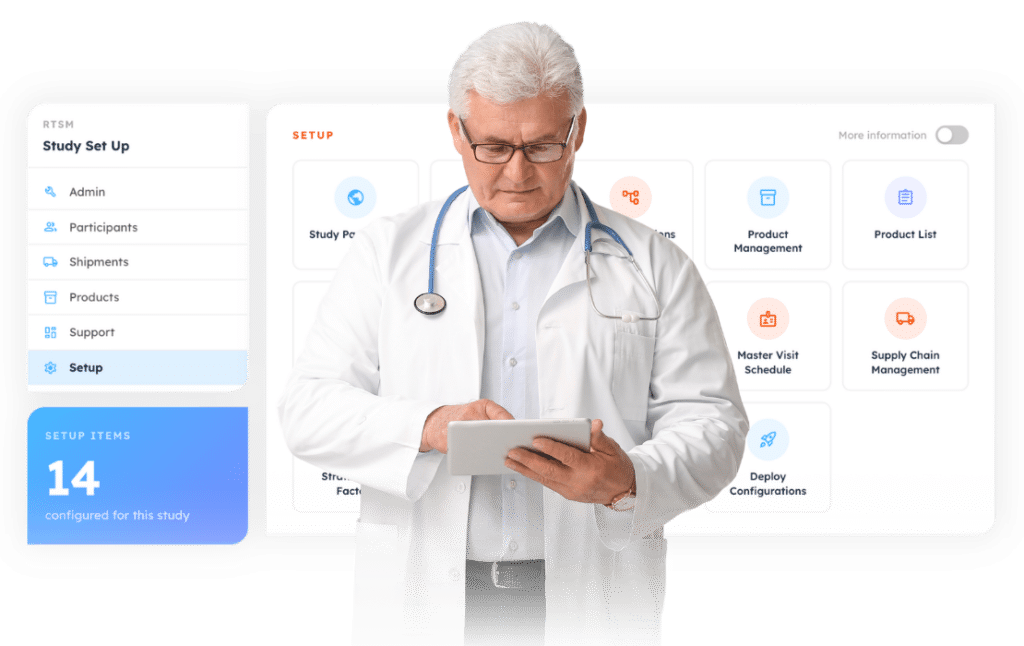 Male doctor studying tablet with Medrio RTSM screenshot