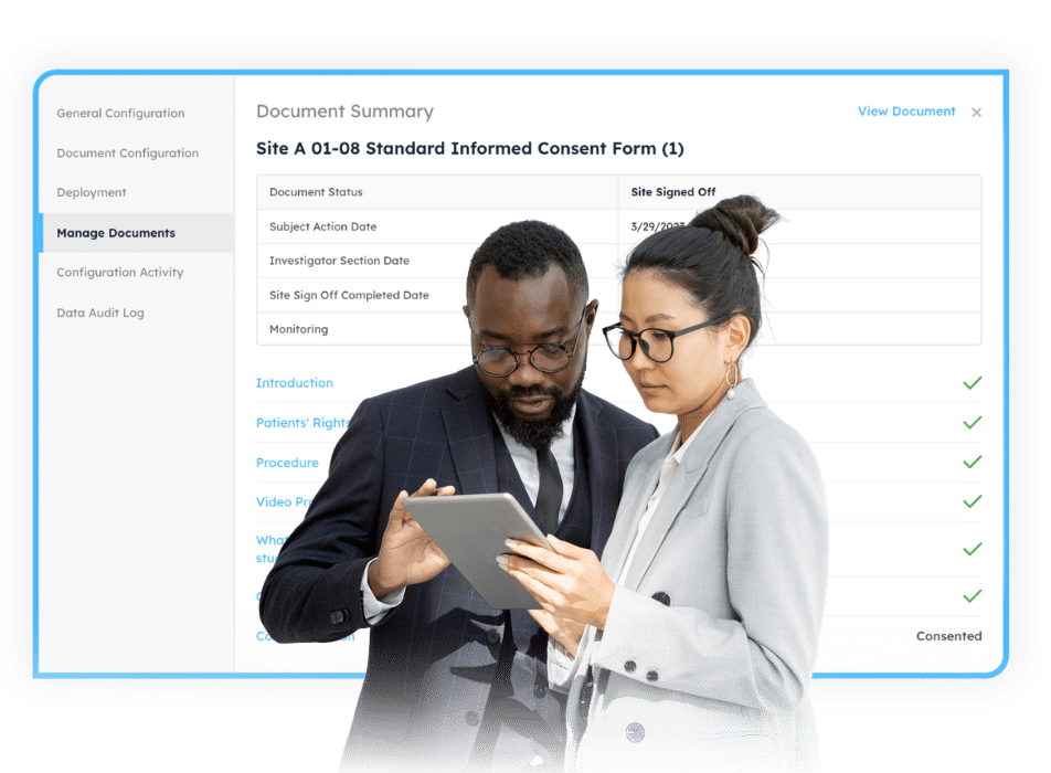Man and woman looking at tablet with Medrio eConsent platform screenshots