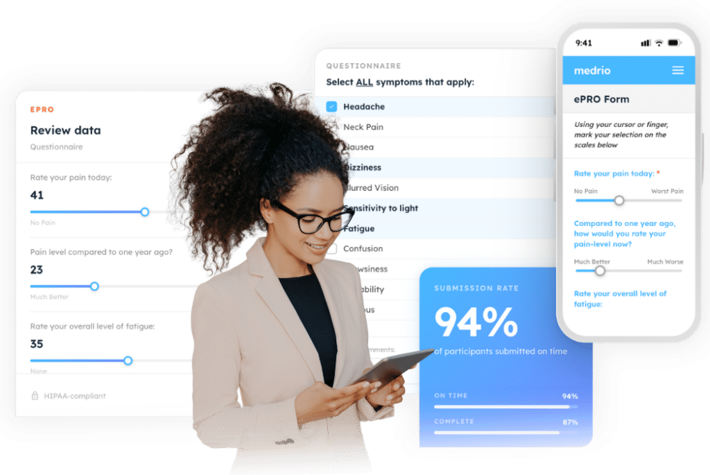 Woman using tablet with Medrio ePRO platform screenshot